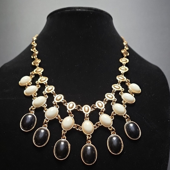 Jewelry - Black  & White Cabochon Statement Bib Style Gold Tone Necklace